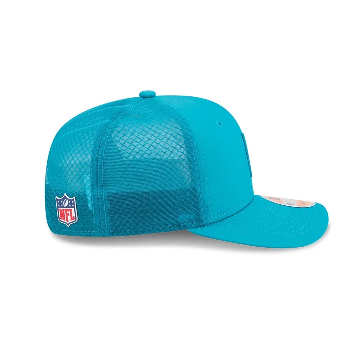 This is a Jacksonville Jaguars NFL Sideline 2025 Turquoise 9SEVENTY Trucker Stretch Snap Adjustable Cap 5