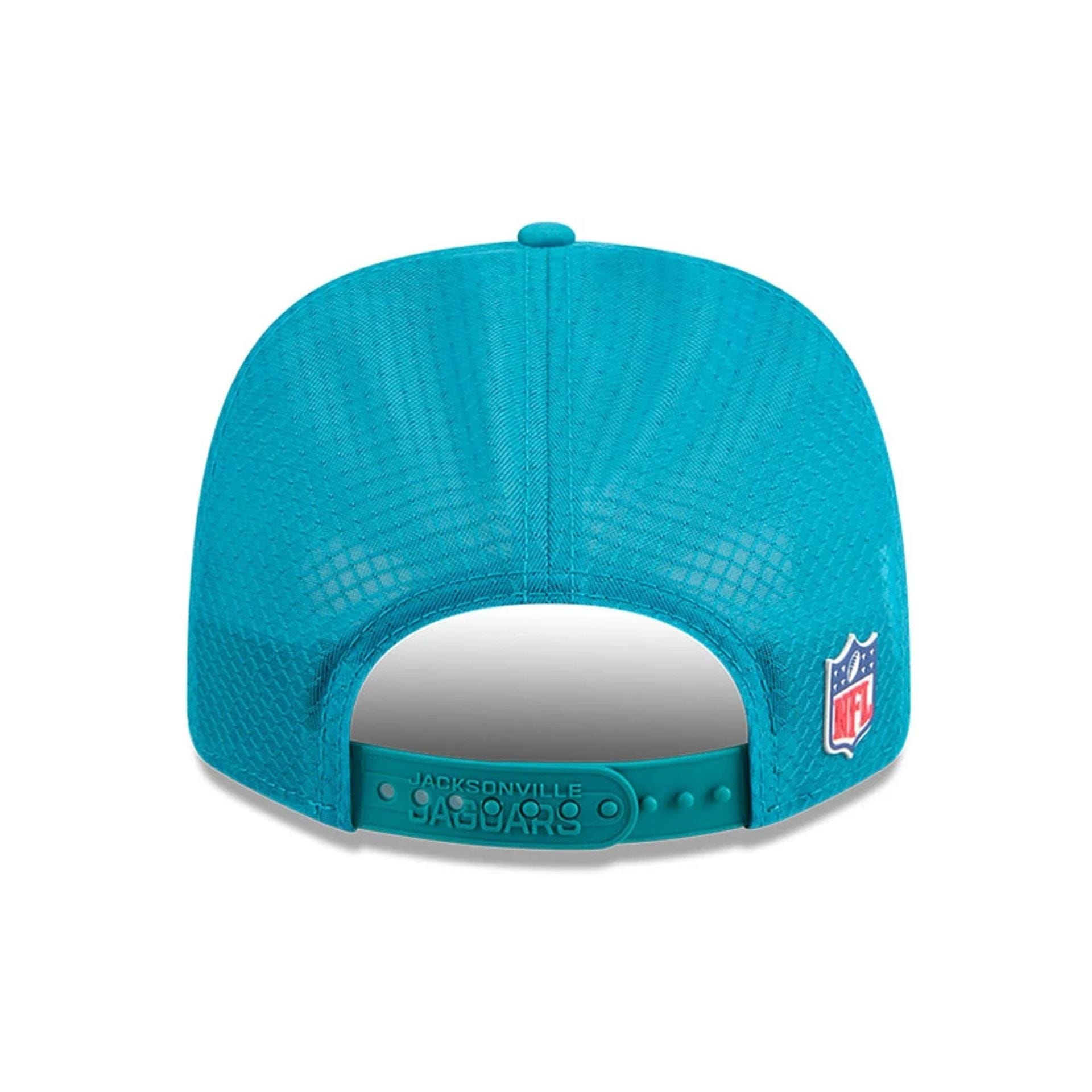 This is a Jacksonville Jaguars NFL Sideline 2025 Turquoise 9SEVENTY Trucker Stretch Snap Adjustable Cap 6