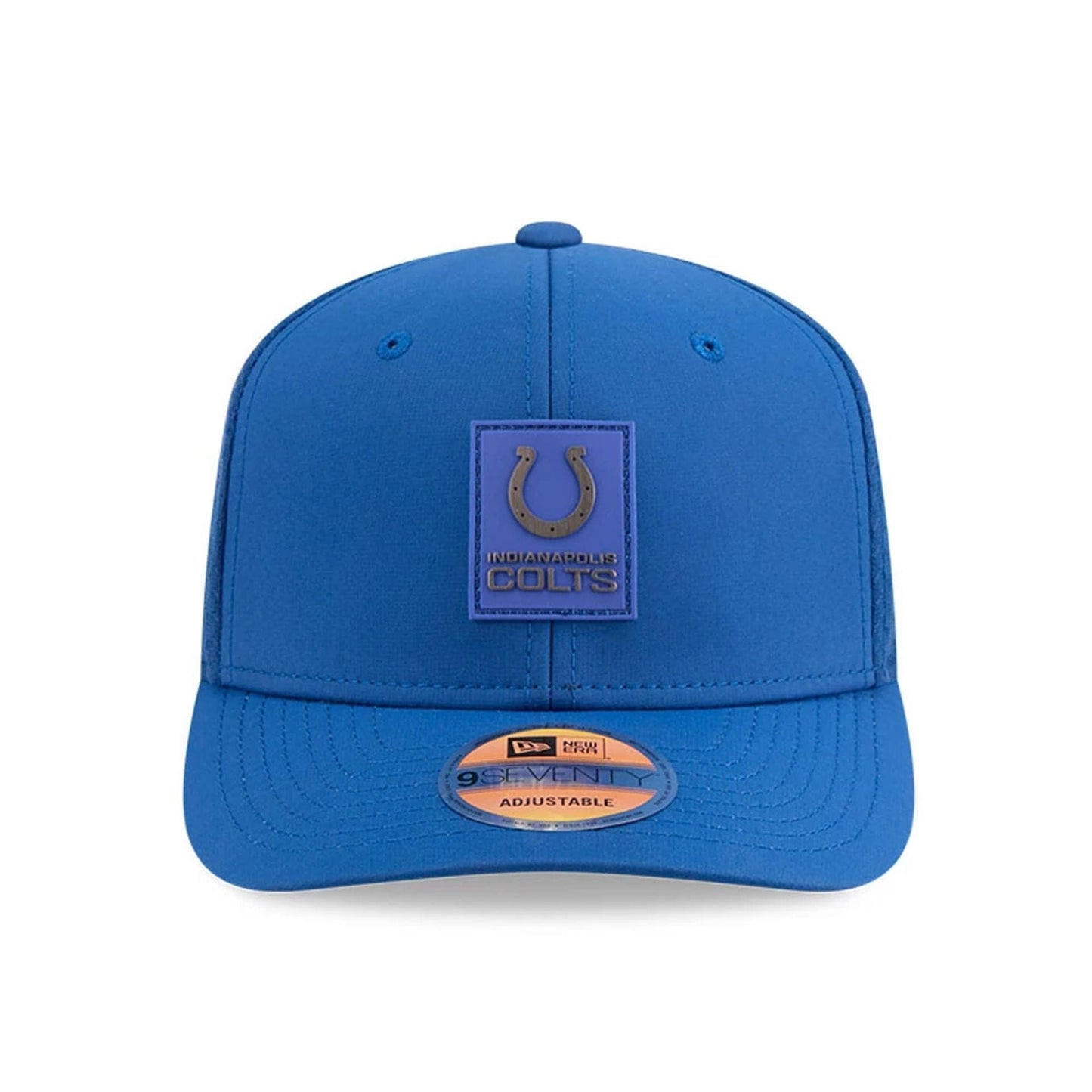 This is a Indianapolis Colts NFL Sideline 2025 Blue 9SEVENTY Trucker Stretch Snap Adjustable Cap 2