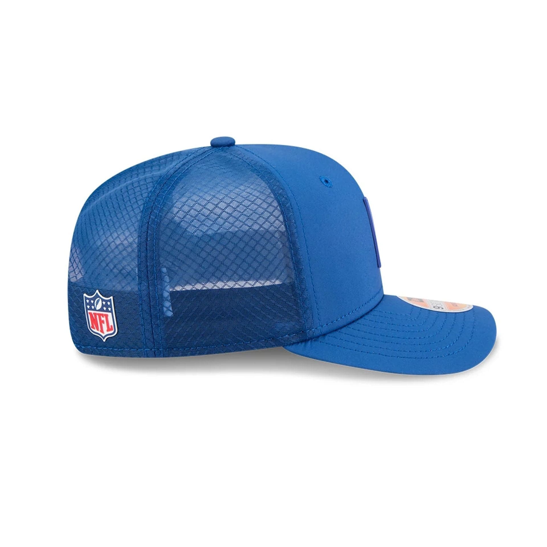 This is a Indianapolis Colts NFL Sideline 2025 Blue 9SEVENTY Trucker Stretch Snap Adjustable Cap 5