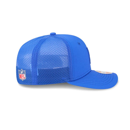 This is a LA Rams NFL Sideline 2025 Bright Blue 9SEVENTY Trucker Stretch Snap Adjustable Cap 5