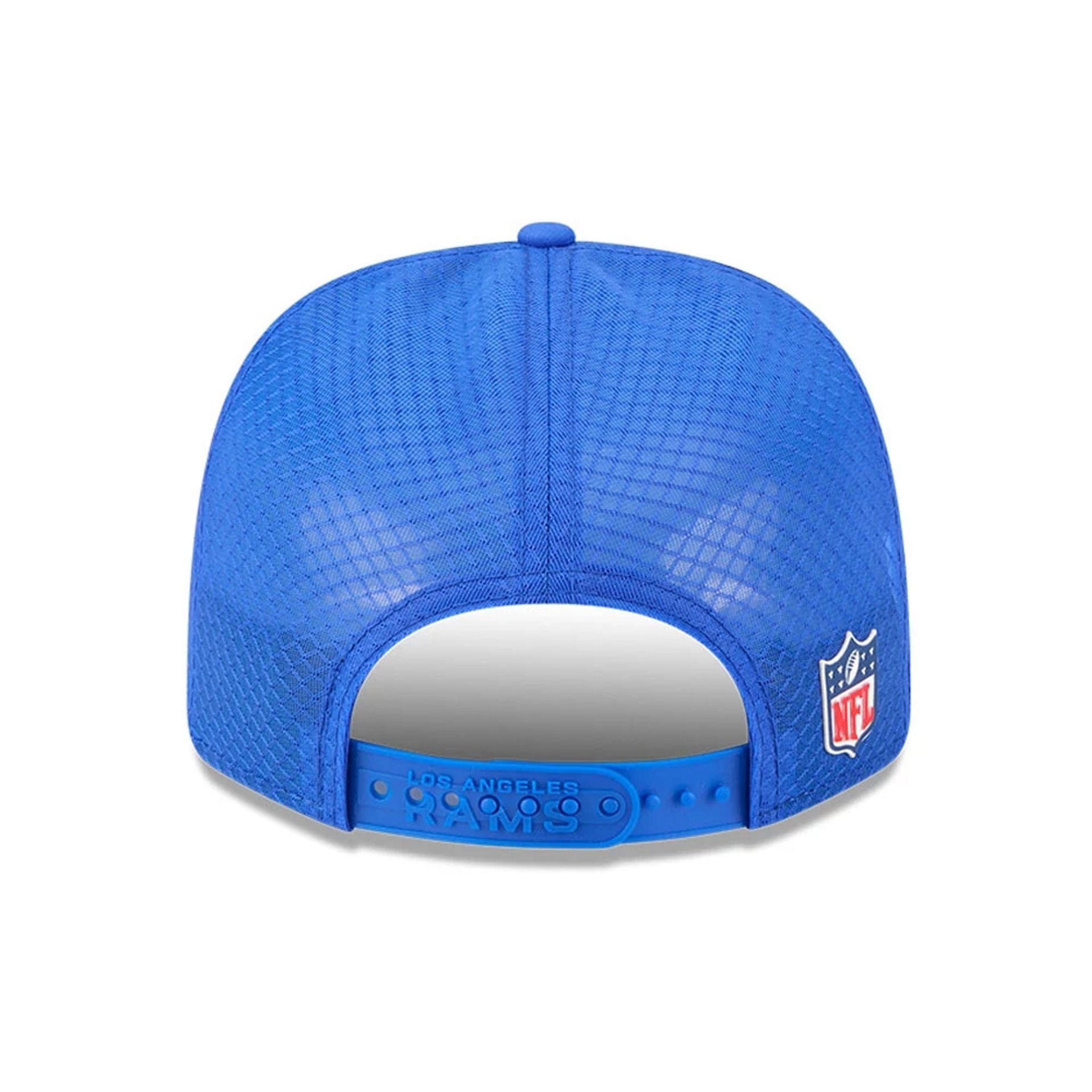This is a LA Rams NFL Sideline 2025 Bright Blue 9SEVENTY Trucker Stretch Snap Adjustable Cap 7