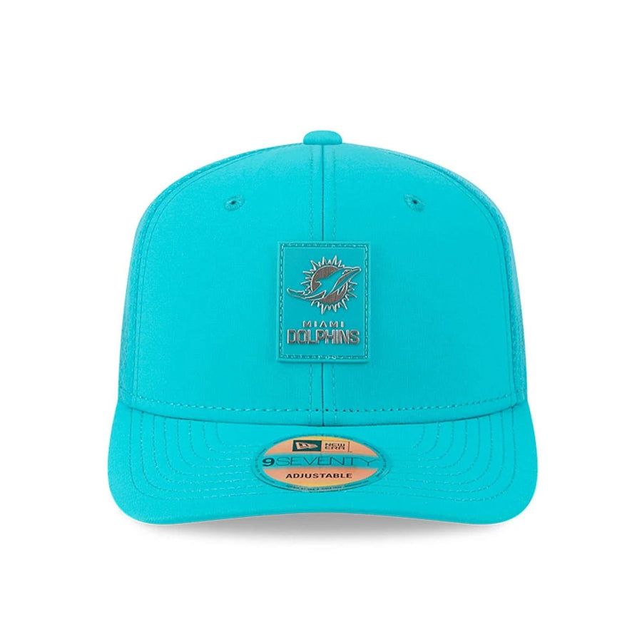 This is a Miami Dolphins NFL Sideline 2025 Turquoise 9SEVENTY Trucker Stretch Snap Adjustable Cap 2