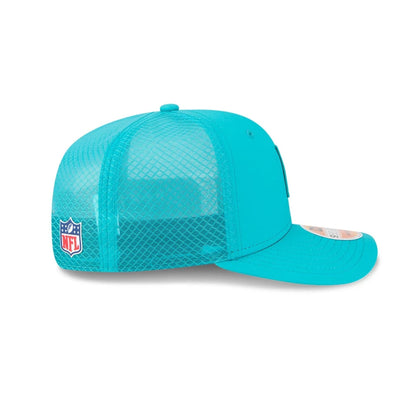 This is a Miami Dolphins NFL Sideline 2025 Turquoise 9SEVENTY Trucker Stretch Snap Adjustable Cap 5