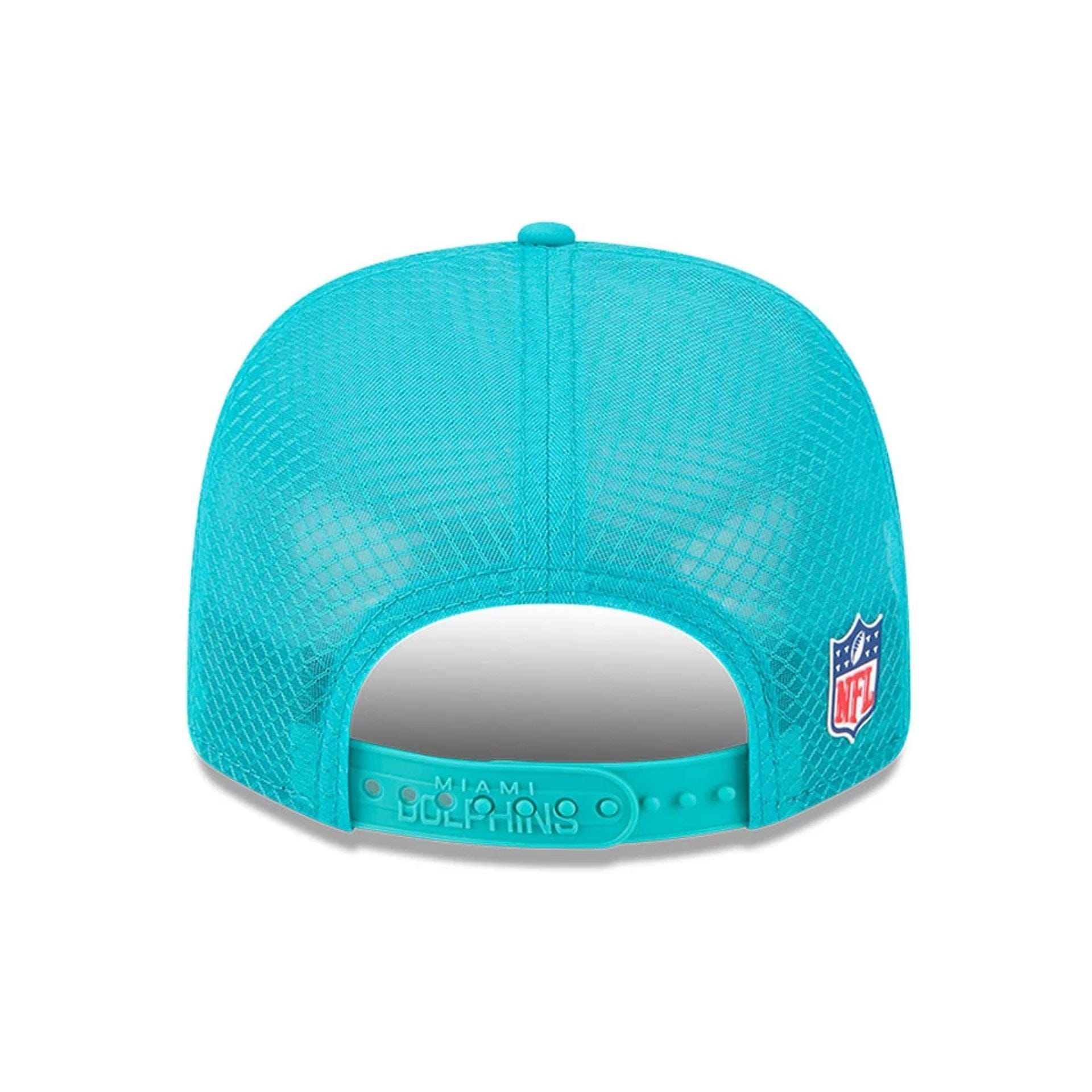 This is a Miami Dolphins NFL Sideline 2025 Turquoise 9SEVENTY Trucker Stretch Snap Adjustable Cap 7