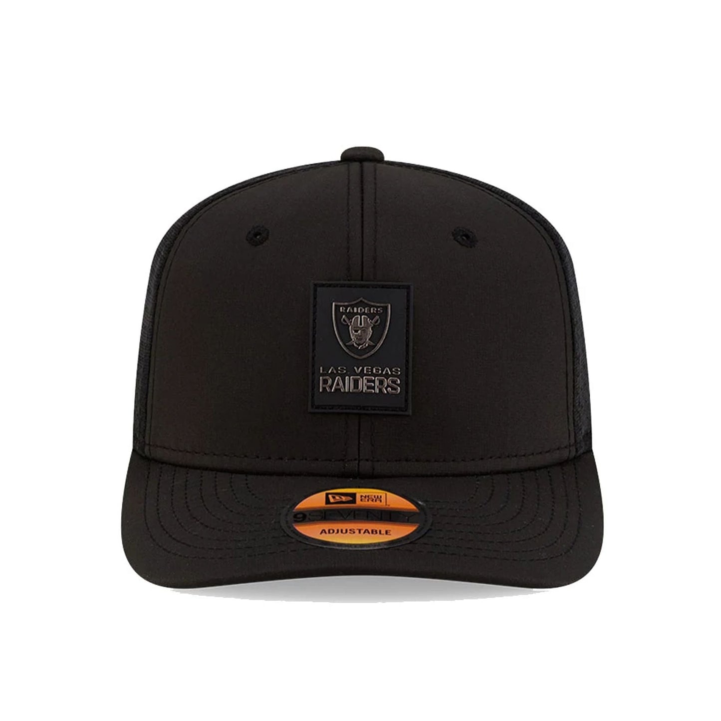 This is a Las Vegas Raiders NFL Sideline 2025 Black 9SEVENTY Trucker Stretch Snap Adjustable Cap 3