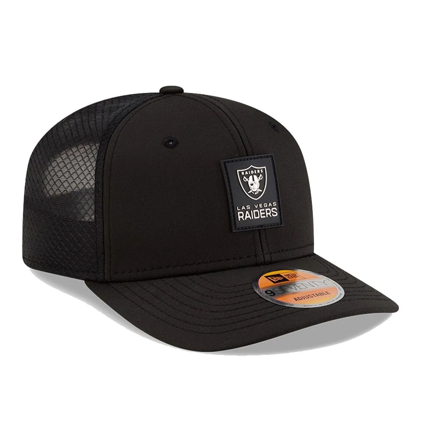 This is a Las Vegas Raiders NFL Sideline 2025 Black 9SEVENTY Trucker Stretch Snap Adjustable Cap 4