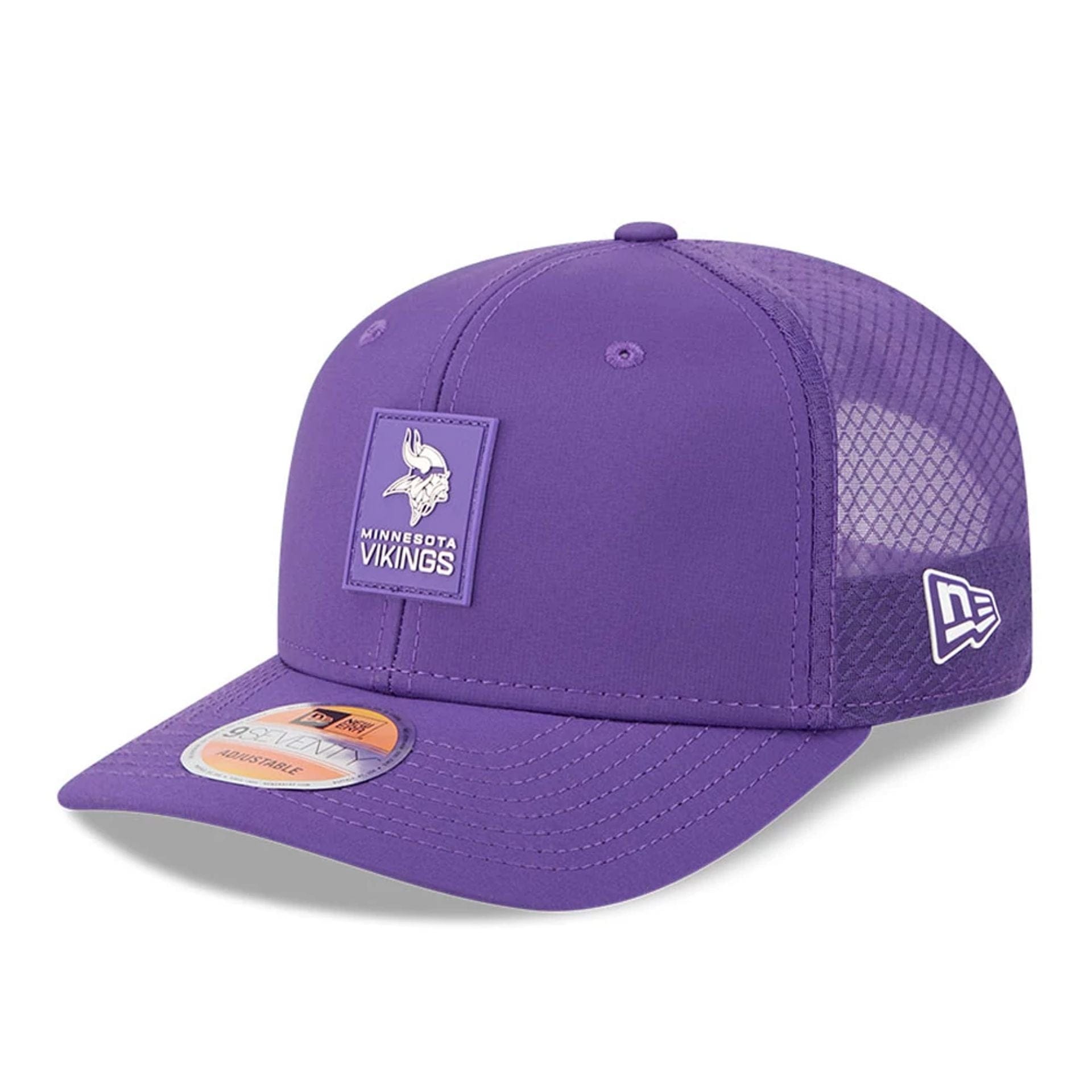 This is a Minnesota Vikings NFL Sideline 2025 Purple 9SEVENTY Trucker Stretch Snap Adjustable Cap 1