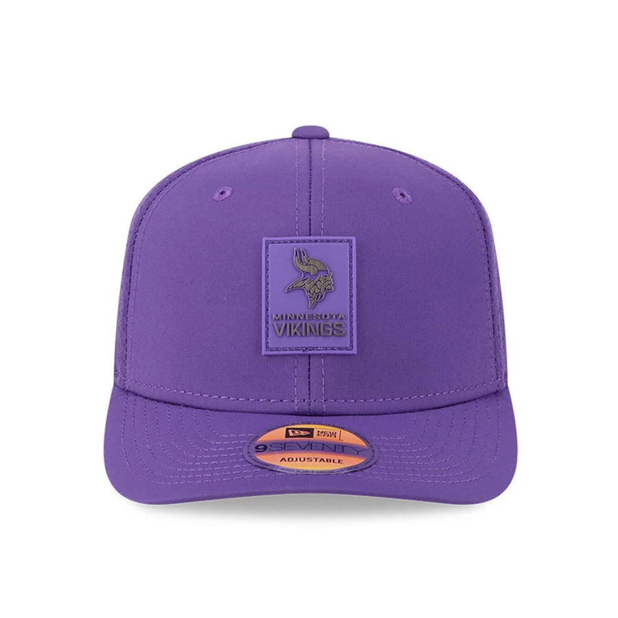 This is a Minnesota Vikings NFL Sideline 2025 Purple 9SEVENTY Trucker Stretch Snap Adjustable Cap 2