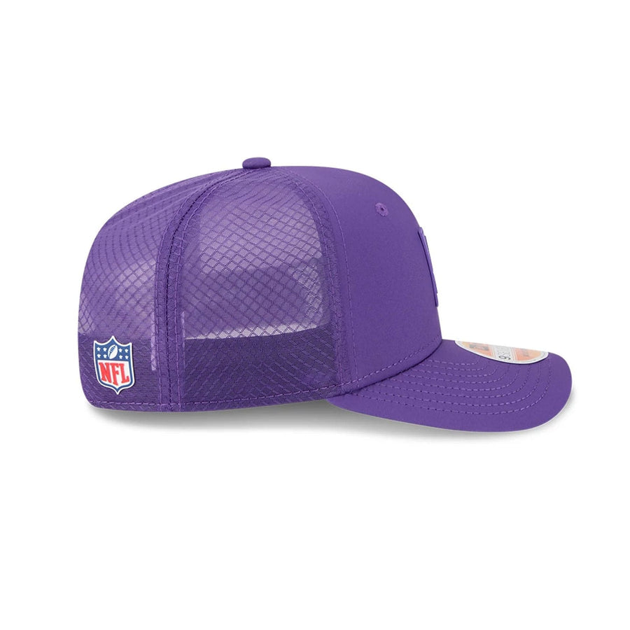 This is a Minnesota Vikings NFL Sideline 2025 Purple 9SEVENTY Trucker Stretch Snap Adjustable Cap 5