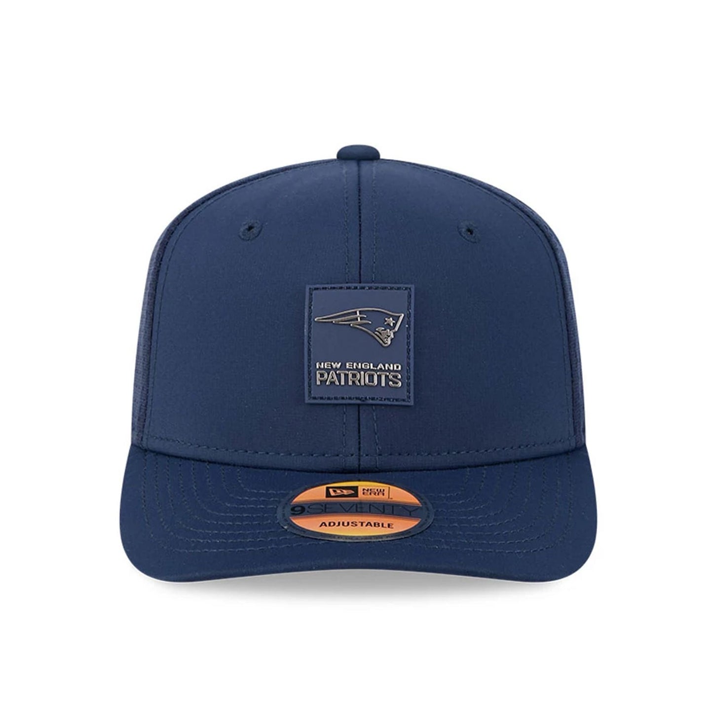 This is a New England Patriots NFL Sideline 2025 Dark Blue 9SEVENTY Trucker Stretch Snap Adjustable Cap 2
