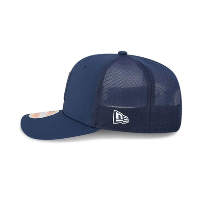 This is a New England Patriots NFL Sideline 2025 Dark Blue 9SEVENTY Trucker Stretch Snap Adjustable Cap 4