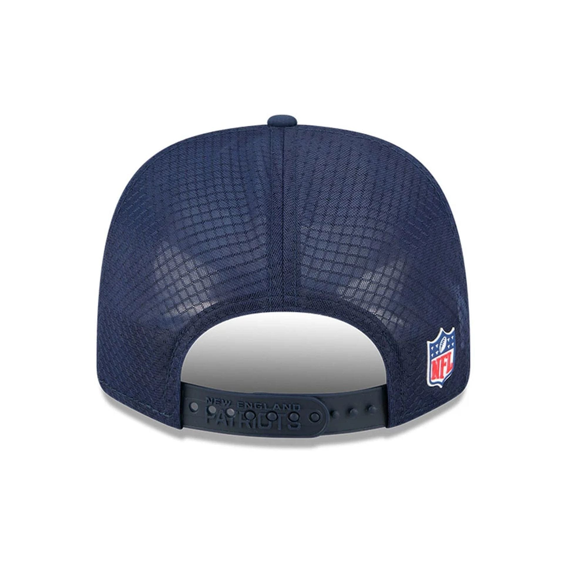 This is a New England Patriots NFL Sideline 2025 Dark Blue 9SEVENTY Trucker Stretch Snap Adjustable Cap 6