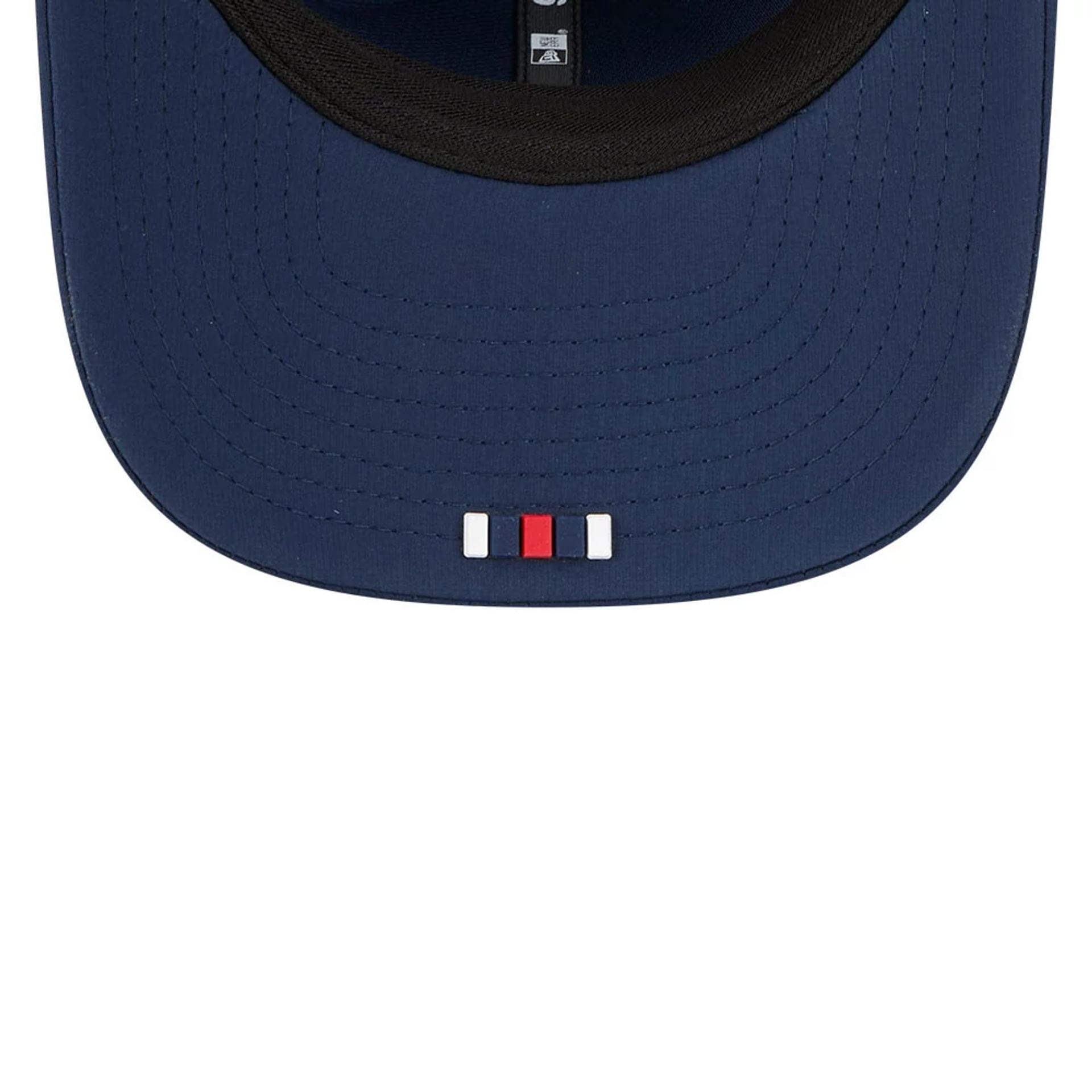 This is a New England Patriots NFL Sideline 2025 Dark Blue 9SEVENTY Trucker Stretch Snap Adjustable Cap 7