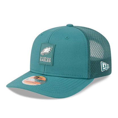 This is a Philadelphia Eagles NFL Sideline 2025 Dark Green 9SEVENTY Trucker Stretch Snap Adjustable Cap 1