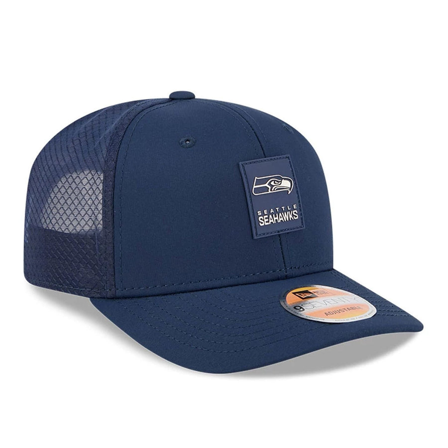 This is a Seattle Seahawks NFL Sideline 2025 Dark Blue 9SEVENTY Trucker Stretch Snap Adjustable Cap 3