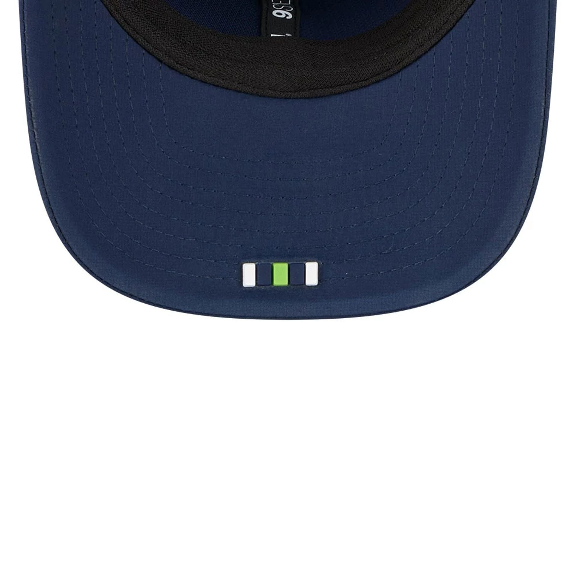 This is a Seattle Seahawks NFL Sideline 2025 Dark Blue 9SEVENTY Trucker Stretch Snap Adjustable Cap 6
