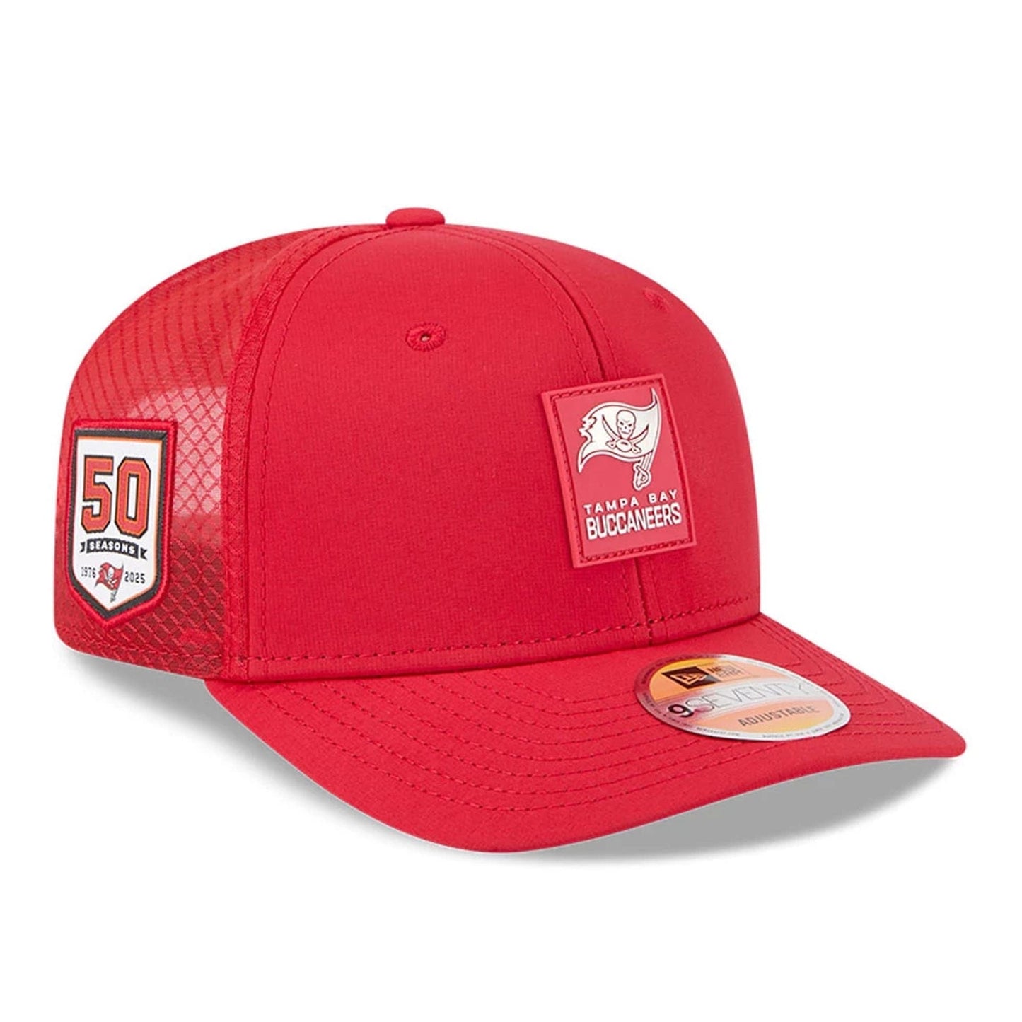 This is a Tampa Bay Buccaneers NFL Sideline 2025 Red 9SEVENTY Trucker Stretch Snap Adjustable Cap 1