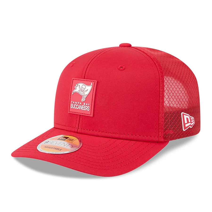 This is a Tampa Bay Buccaneers NFL Sideline 2025 Red 9SEVENTY Trucker Stretch Snap Adjustable Cap 3