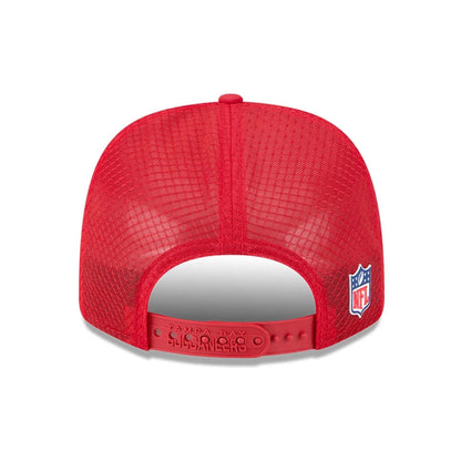 This is a Tampa Bay Buccaneers NFL Sideline 2025 Red 9SEVENTY Trucker Stretch Snap Adjustable Cap 7
