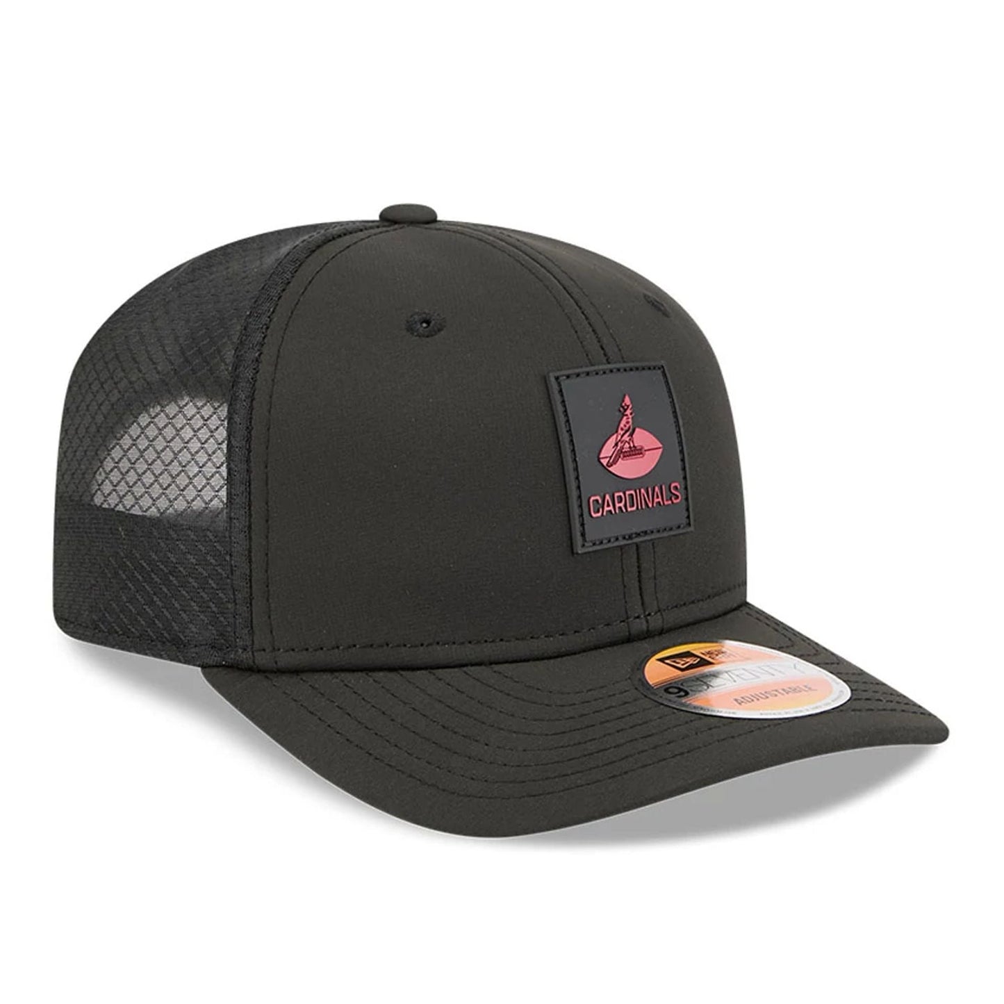This is a Arizona Cardinals NFL Sideline 2025 Black 9SEVENTY Trucker Stretch Snap Adjustable Cap 4