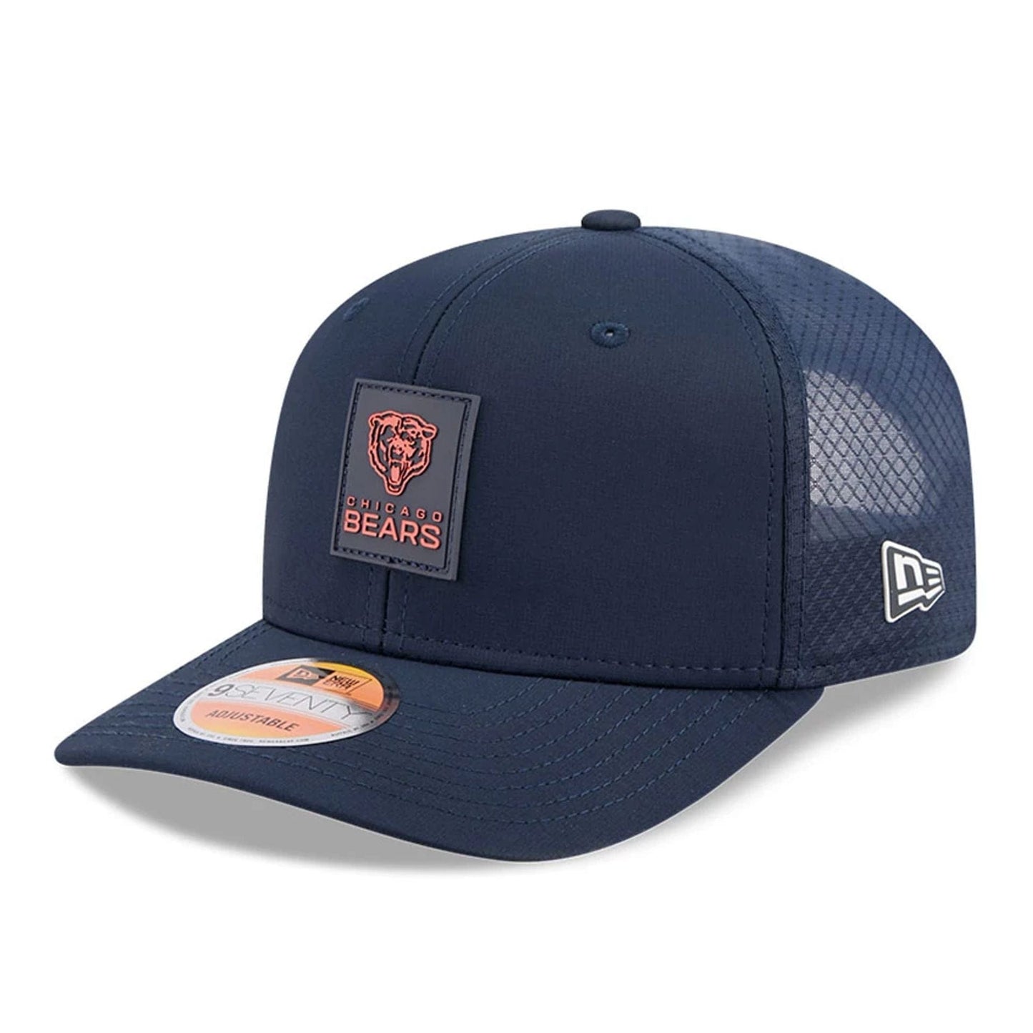This is a Chicago Bears NFL Sideline 2025 Navy 9SEVENTY Trucker Stretch Snap Adjustable Cap 3