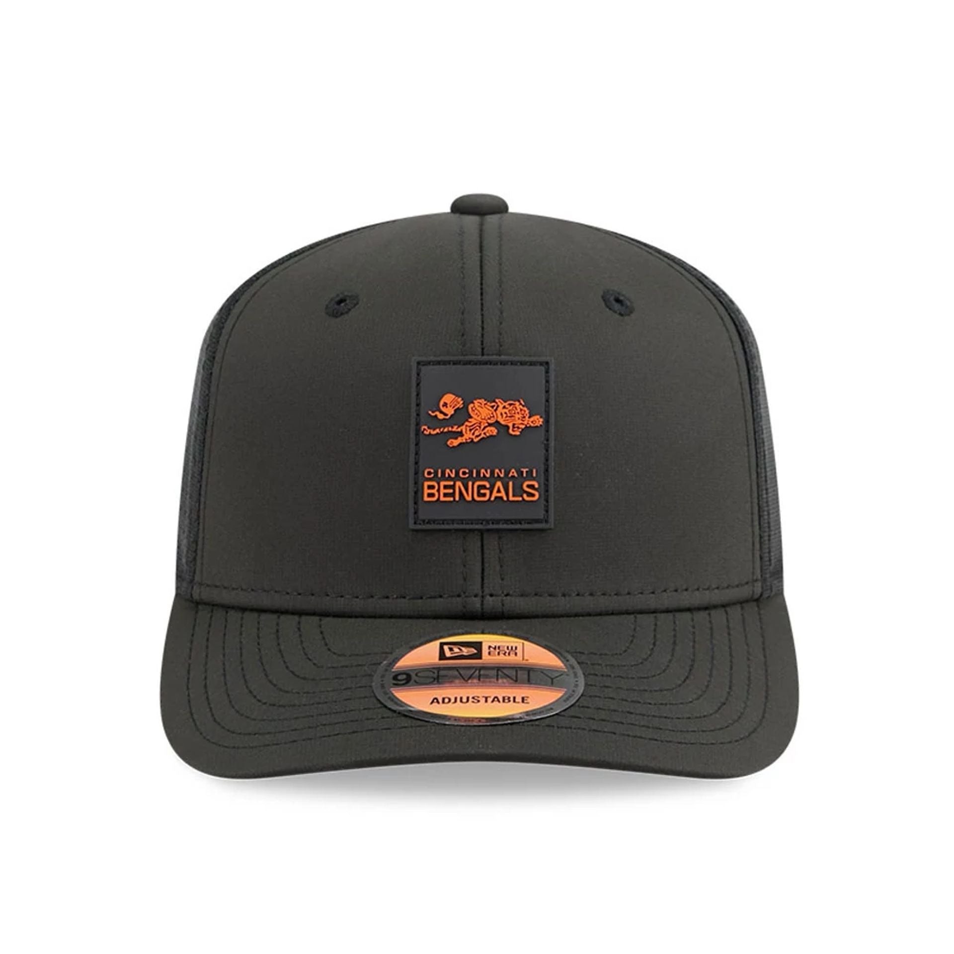 This is a Cincinnati Bengals NFL Sideline 2025 Black 9SEVENTY Trucker Stretch Snap Adjustable Cap 2