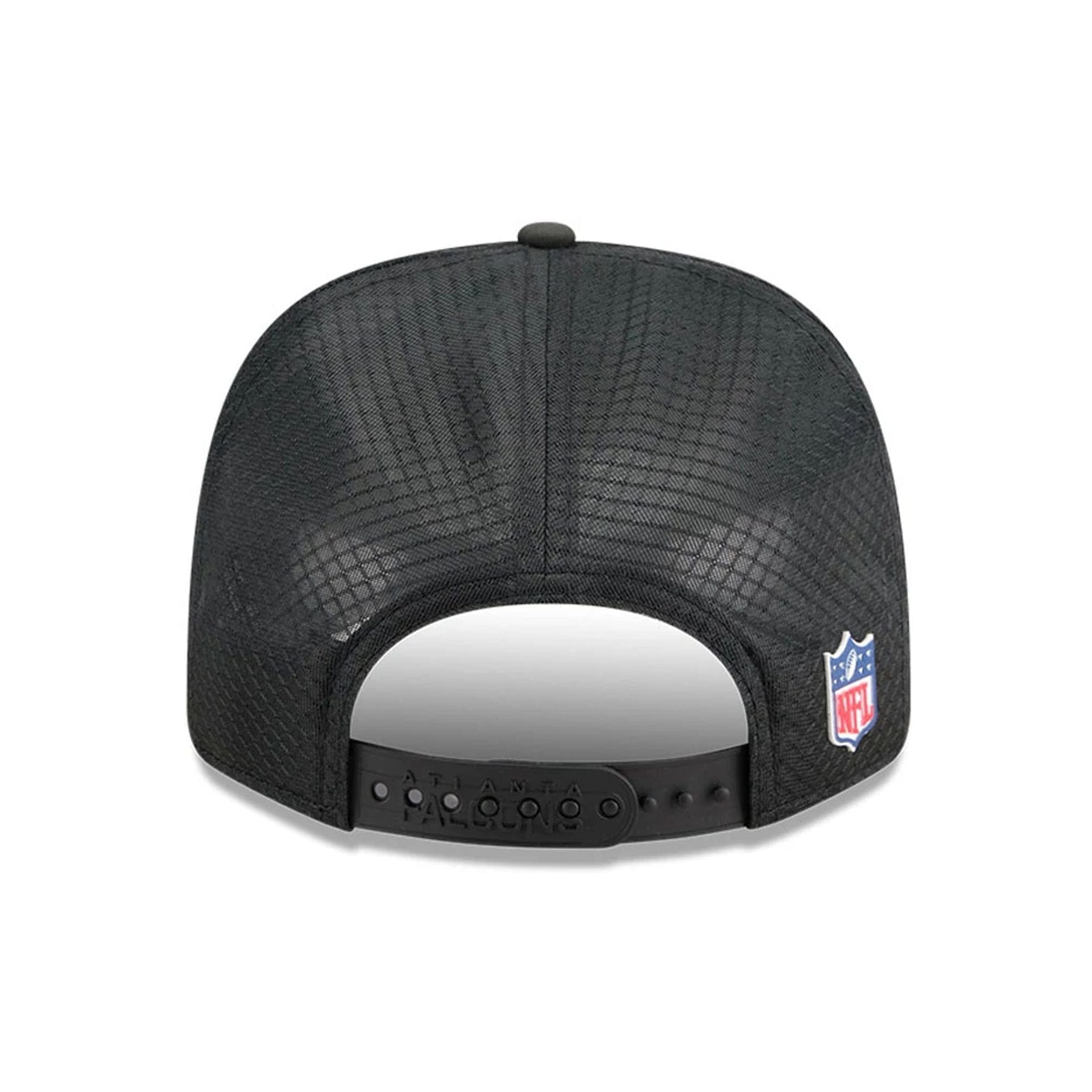 This is a Atlanta Falcons NFL Sideline 2025 Black 9SEVENTY Trucker Stretch Snap Adjustable Cap 6