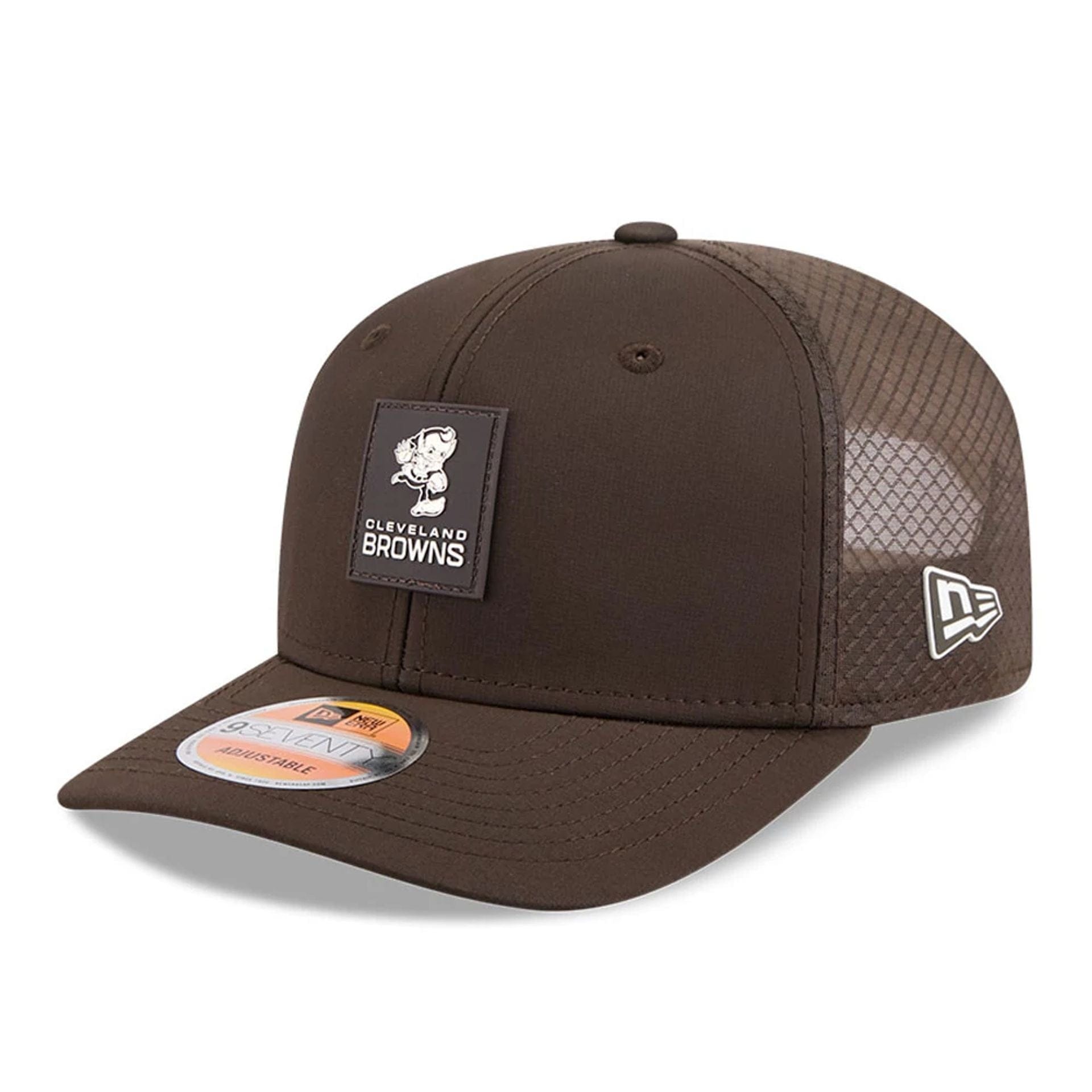 This is a Cleveland Browns NFL Sideline 2025 Dark Brown 9SEVENTY Trucker Stretch Snap Adjustable Cap 1