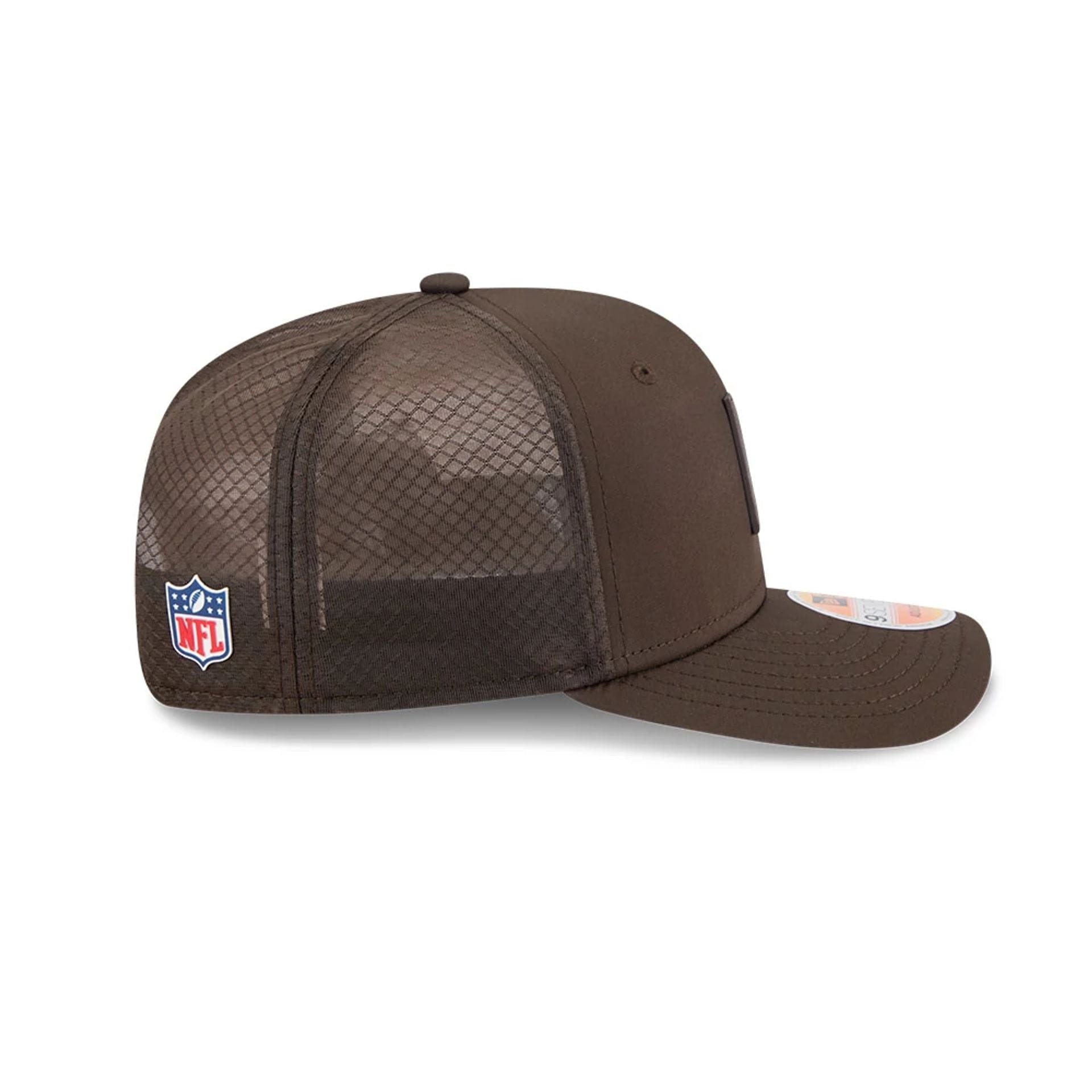 This is a Cleveland Browns NFL Sideline 2025 Dark Brown 9SEVENTY Trucker Stretch Snap Adjustable Cap 5