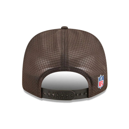 This is a Cleveland Browns NFL Sideline 2025 Dark Brown 9SEVENTY Trucker Stretch Snap Adjustable Cap 7