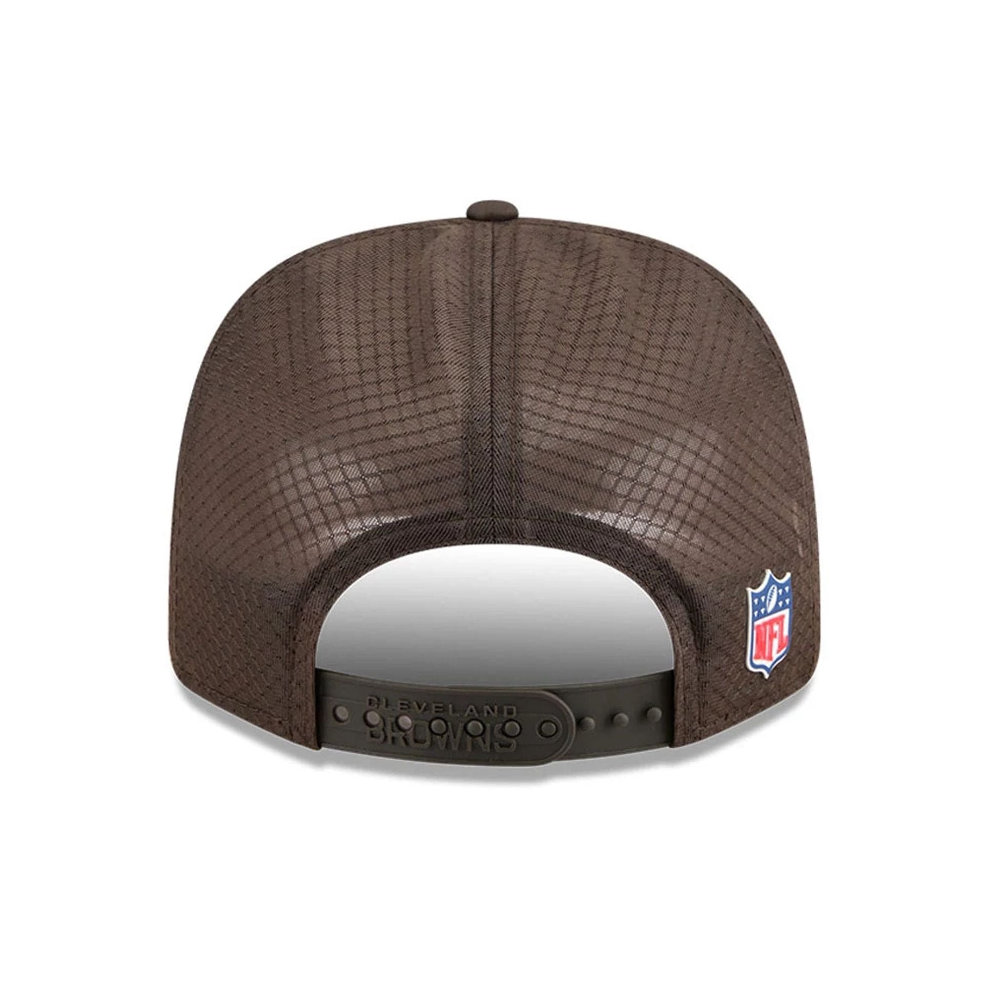 This is a Cleveland Browns NFL Sideline 2025 Dark Brown 9SEVENTY Trucker Stretch Snap Adjustable Cap 7