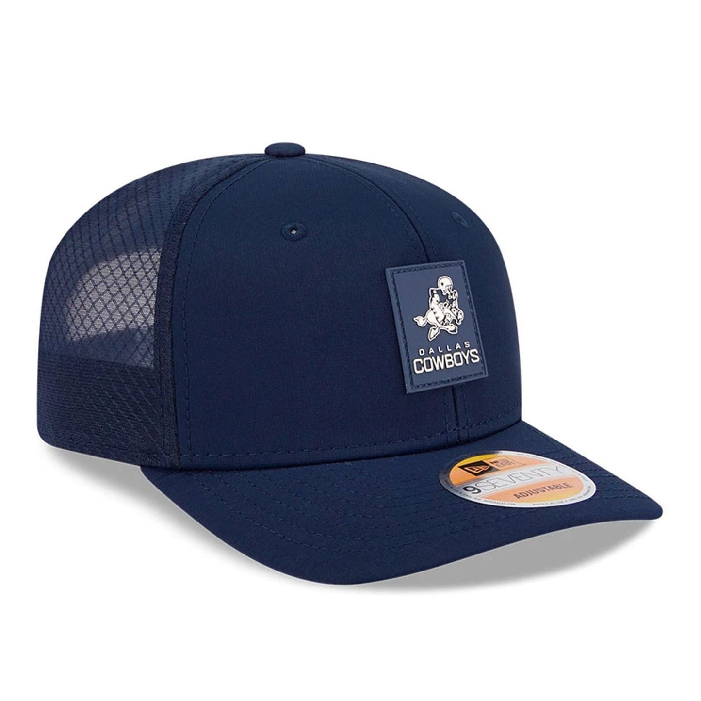 This is a Dallas Cowboys NFL Sideline 2025 Dark Blue 9SEVENTY Trucker Stretch Snap Adjustable Cap 4