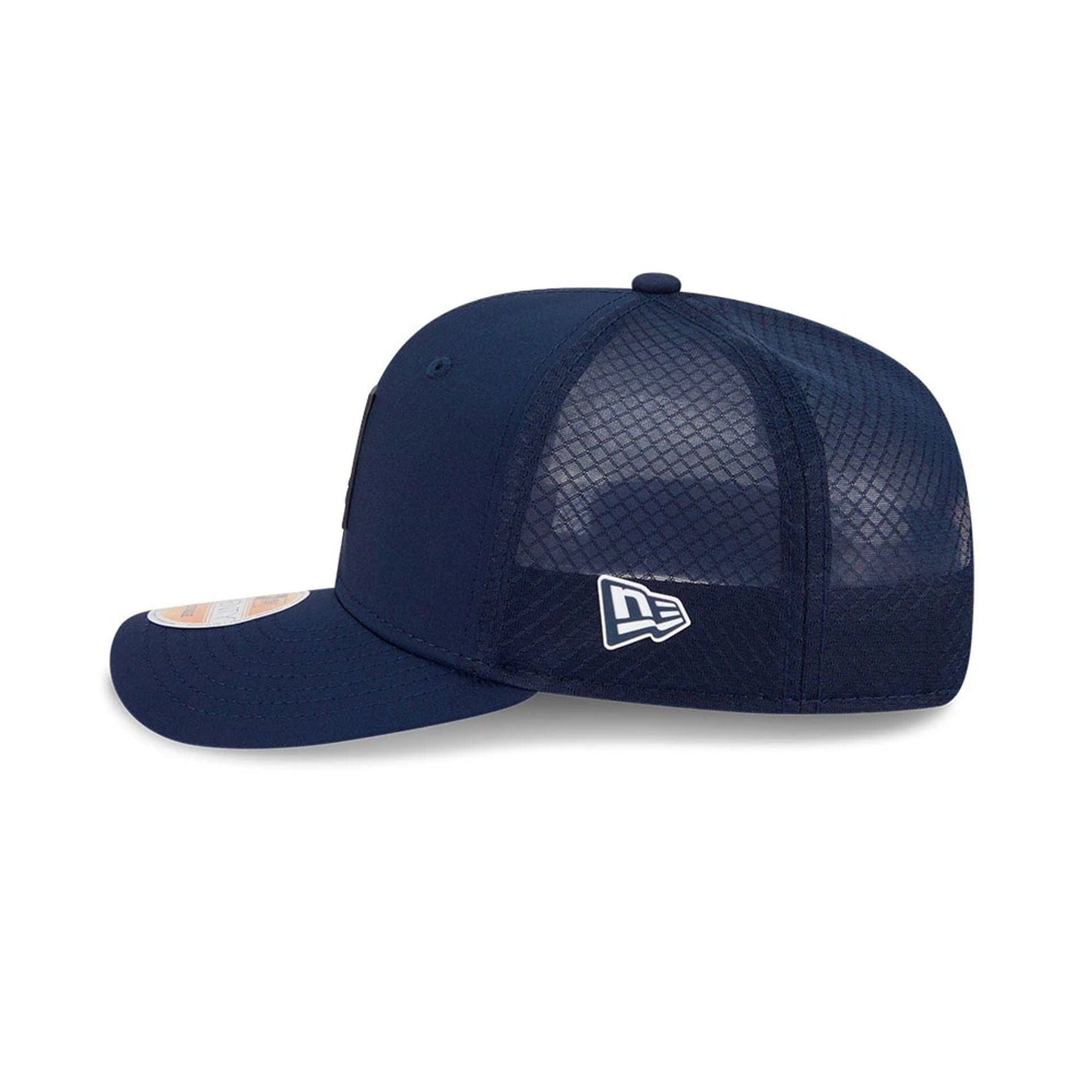 This is a Dallas Cowboys NFL Sideline 2025 Dark Blue 9SEVENTY Trucker Stretch Snap Adjustable Cap 5