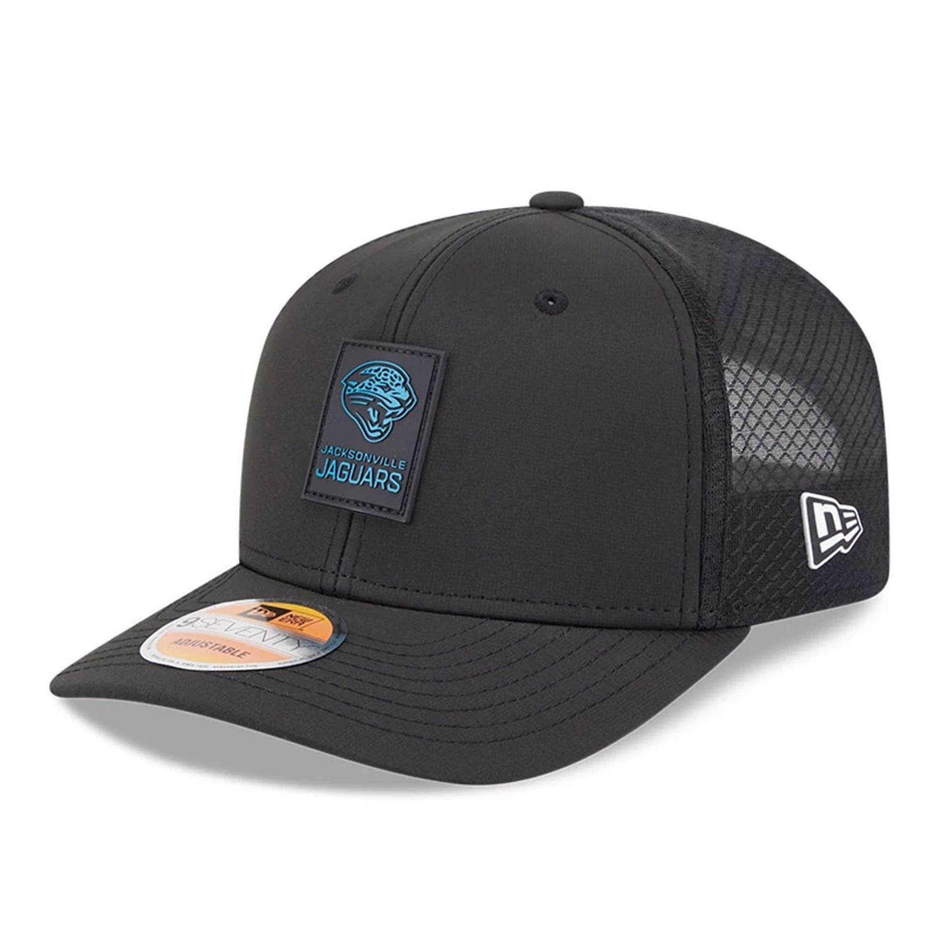 This is a Jacksonville Jaguars NFL Sideline 2025 Black 9SEVENTY Trucker Stretch Snap Adjustable Cap 1
