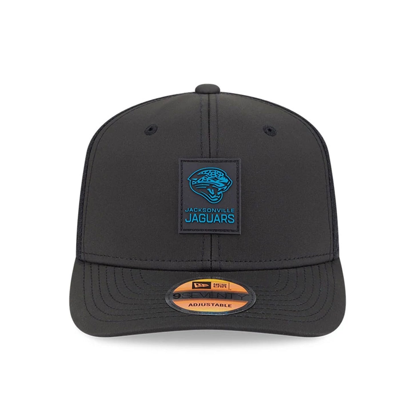 This is a Jacksonville Jaguars NFL Sideline 2025 Black 9SEVENTY Trucker Stretch Snap Adjustable Cap 2