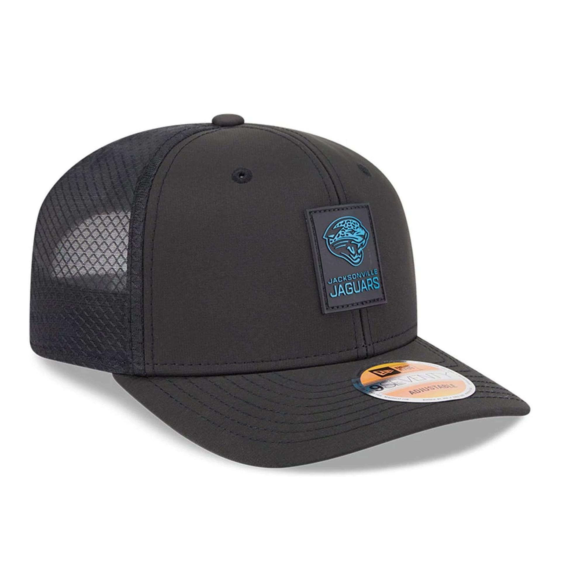This is a Jacksonville Jaguars NFL Sideline 2025 Black 9SEVENTY Trucker Stretch Snap Adjustable Cap 3