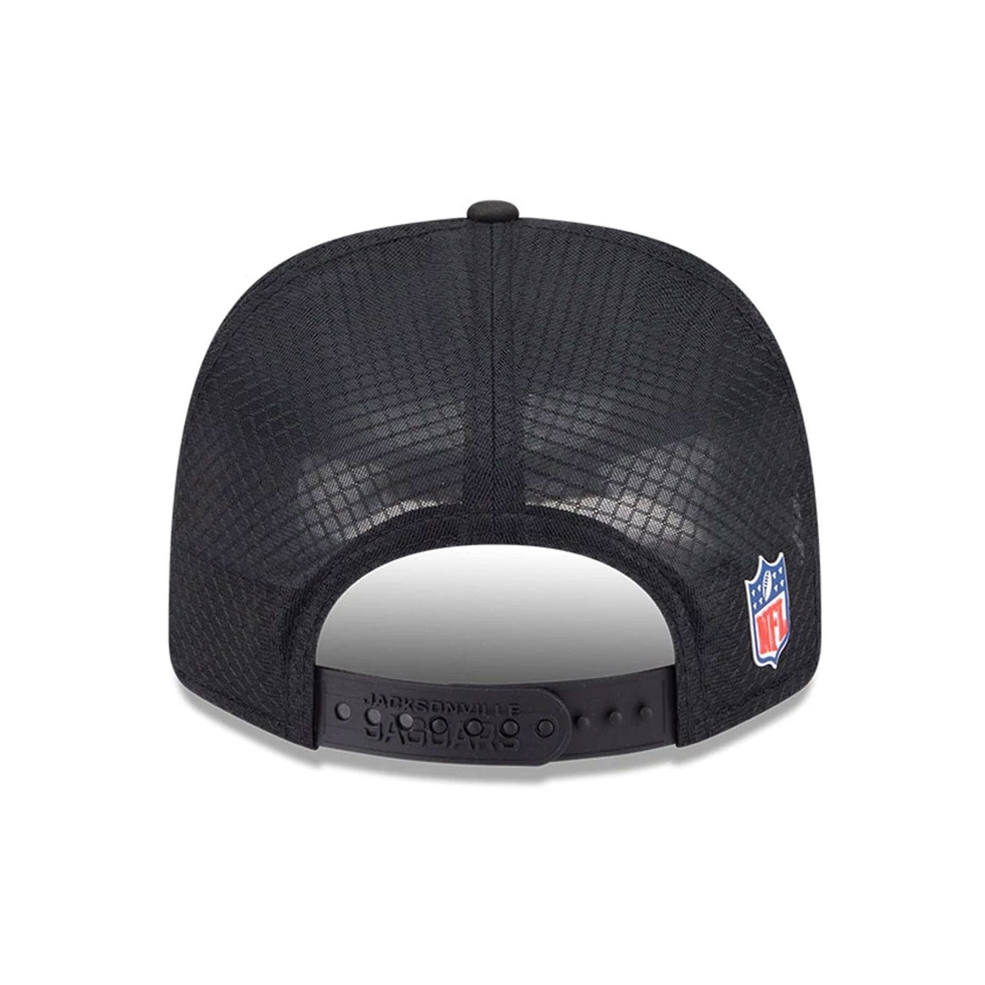 This is a Jacksonville Jaguars NFL Sideline 2025 Black 9SEVENTY Trucker Stretch Snap Adjustable Cap 6