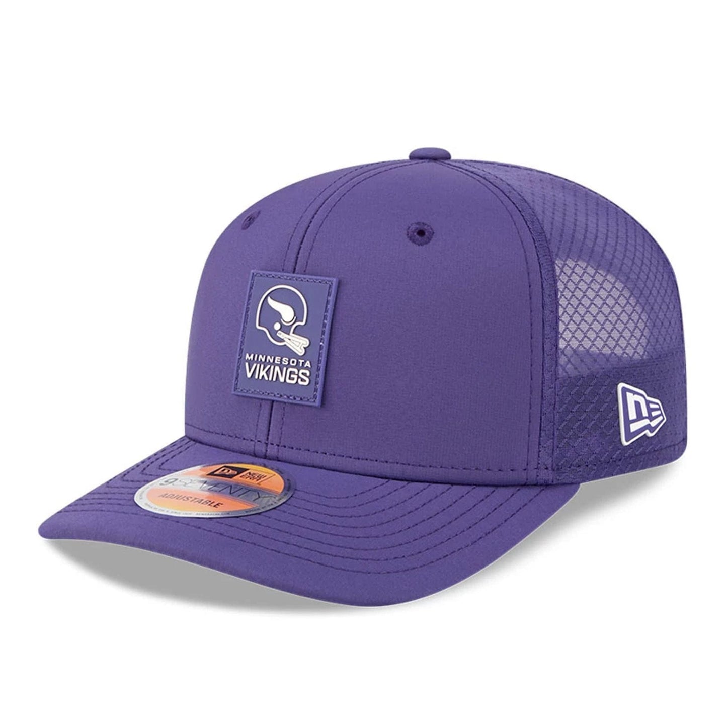 This is a Minnesota Vikings NFL Sideline 2025 Purple 9SEVENTY Trucker Stretch Snap Adjustable Cap 1