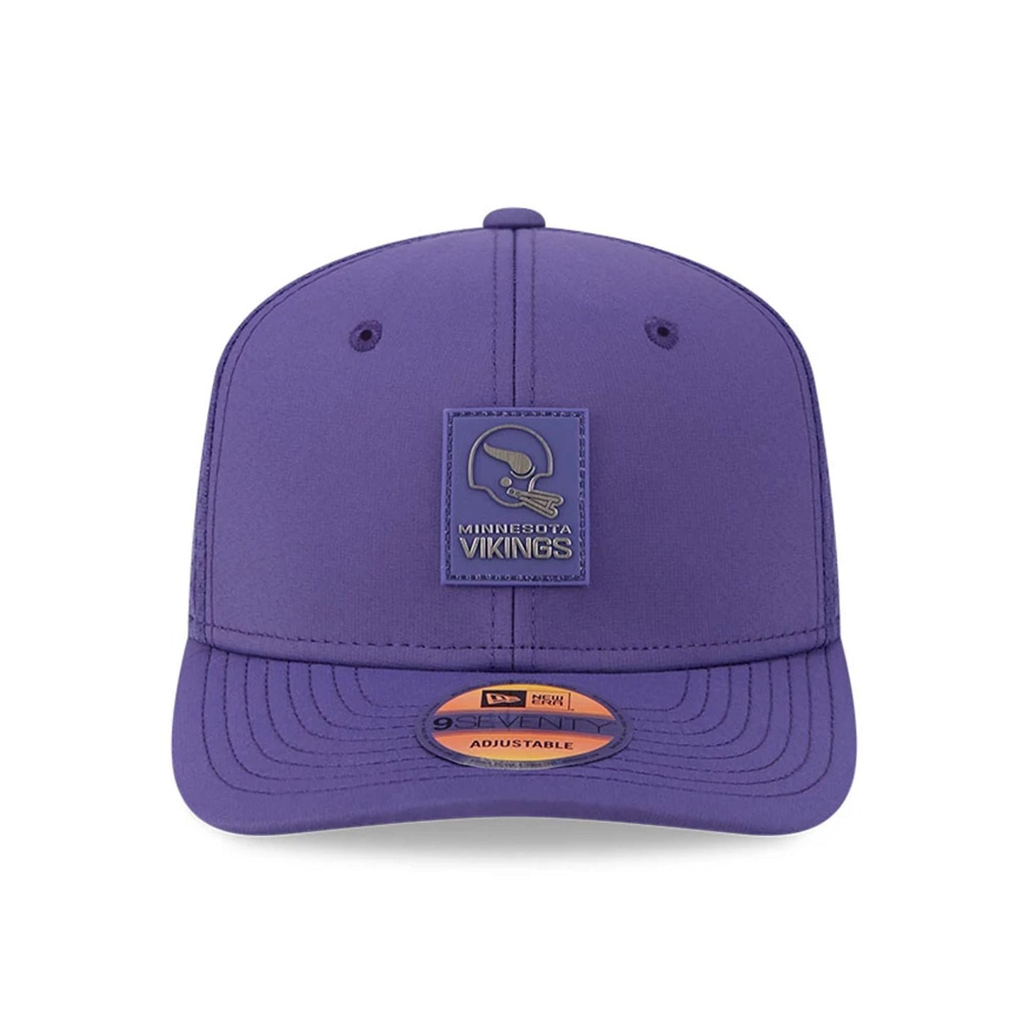 This is a Minnesota Vikings NFL Sideline 2025 Purple 9SEVENTY Trucker Stretch Snap Adjustable Cap 2