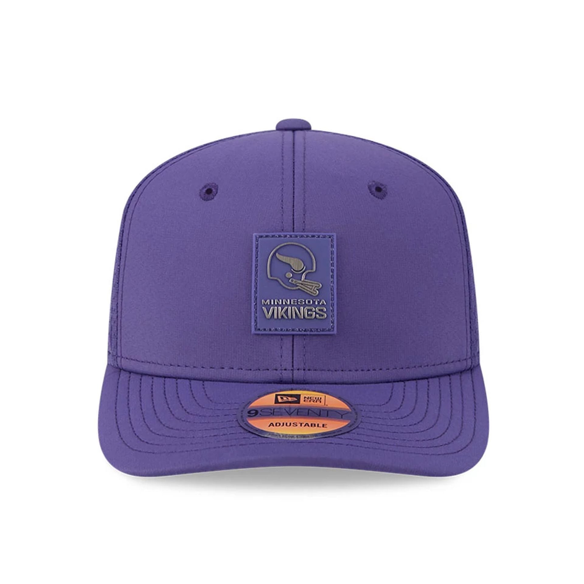 This is a Minnesota Vikings NFL Sideline 2025 Purple 9SEVENTY Trucker Stretch Snap Adjustable Cap 2