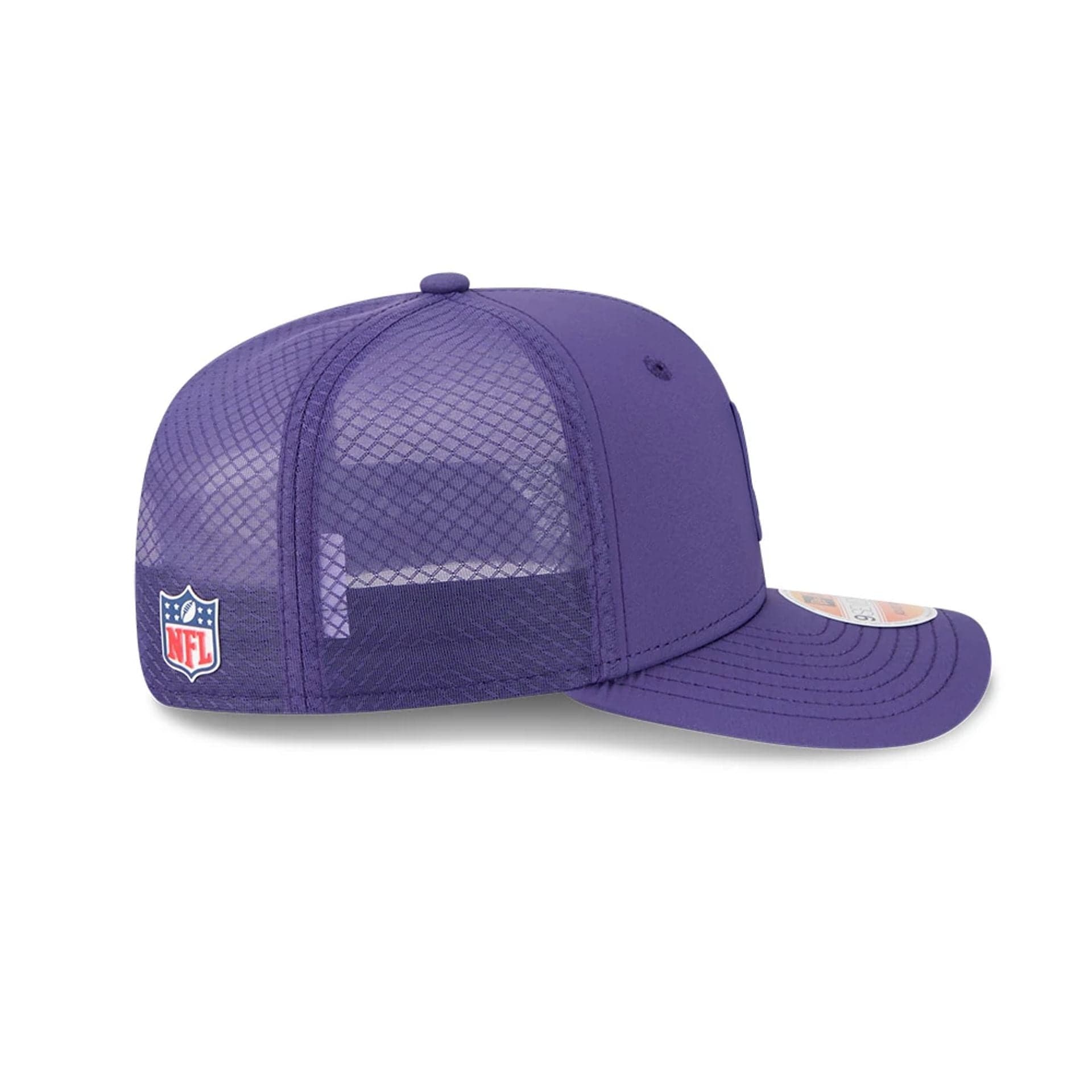 This is a Minnesota Vikings NFL Sideline 2025 Purple 9SEVENTY Trucker Stretch Snap Adjustable Cap 5
