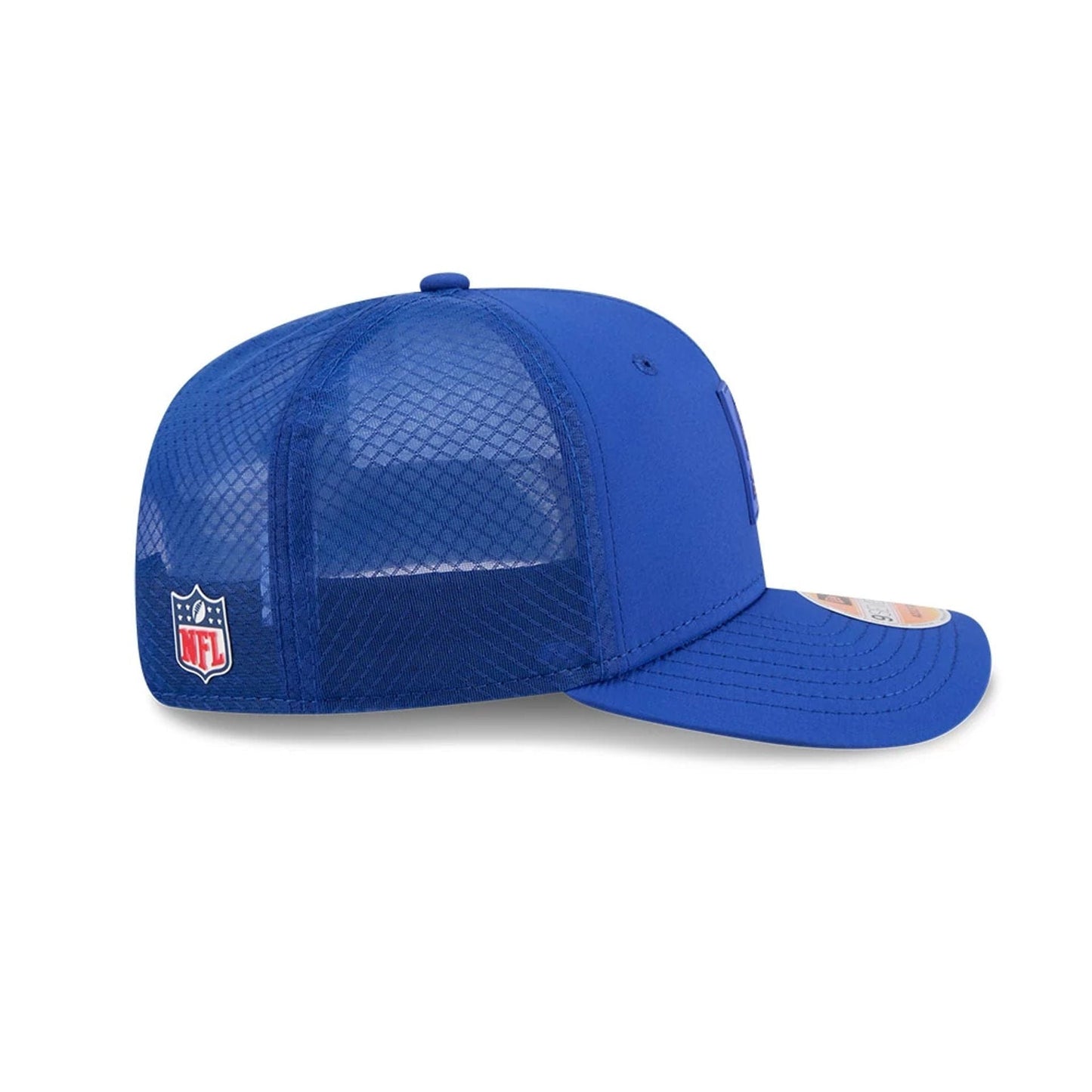 This is a New England Patriots NFL Sideline 2025 Blue 9SEVENTY Trucker Stretch Snap Adjustable Cap 4