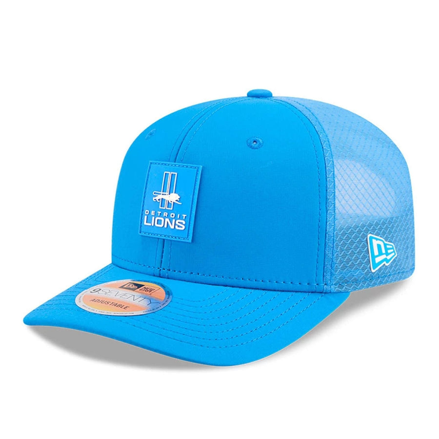 This is a Detroit Lions NFL Sideline 2025 Blue 9SEVENTY Trucker Stretch Snap Adjustable Cap 1