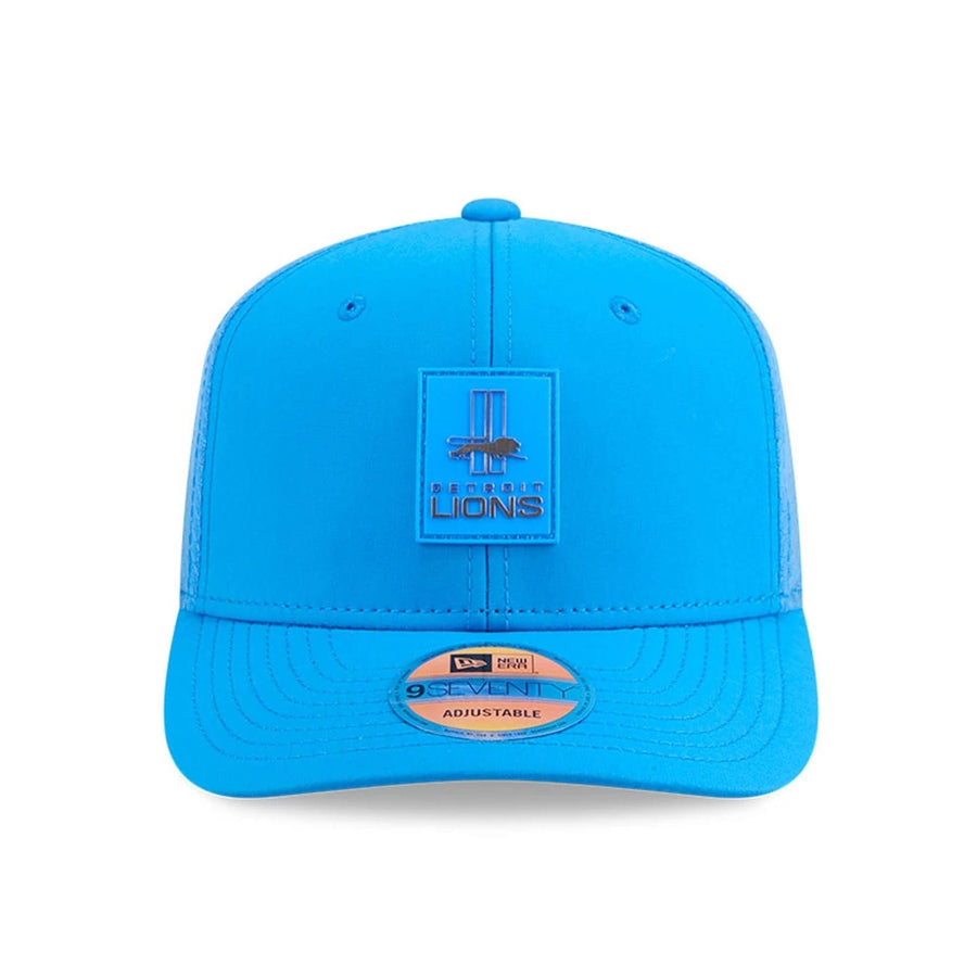This is a Detroit Lions NFL Sideline 2025 Blue 9SEVENTY Trucker Stretch Snap Adjustable Cap 2