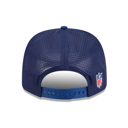 This is a Green Bay Packers NFL Sideline 2025 Blue 9SEVENTY Trucker Stretch Snap Adjustable Cap 6