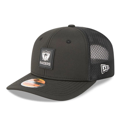 This is a Las Vegas Raiders NFL Sideline 2025 Black 9SEVENTY Trucker Stretch Snap Adjustable Cap 1