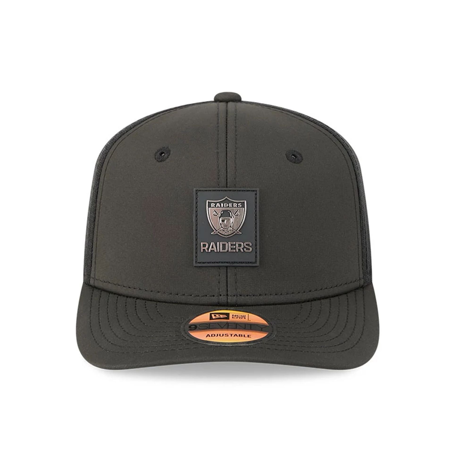 This is a Las Vegas Raiders NFL Sideline 2025 Black 9SEVENTY Trucker Stretch Snap Adjustable Cap 2