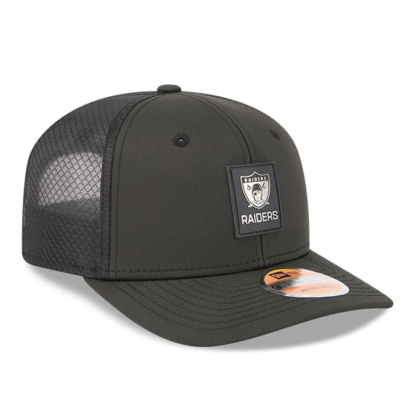 This is a Las Vegas Raiders NFL Sideline 2025 Black 9SEVENTY Trucker Stretch Snap Adjustable Cap 3