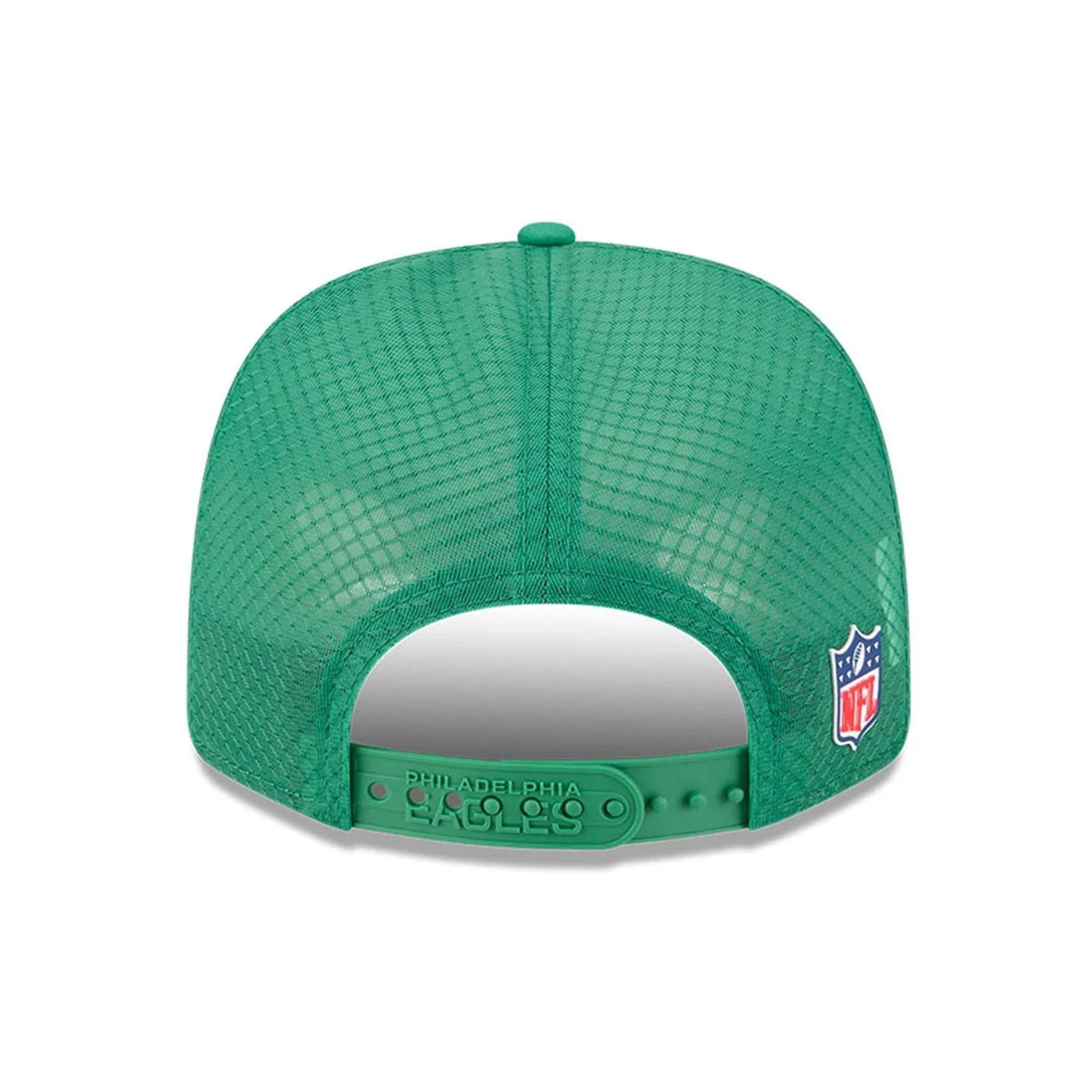 This is a Philadelphia Eagles NFL Sideline 2025 Green 9SEVENTY Trucker Stretch Snap Adjustable Cap 7